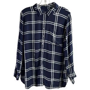 Talbots Ladies Petite Plus 1X Button Up Long Sleeve Black Plaid Silver Metallic